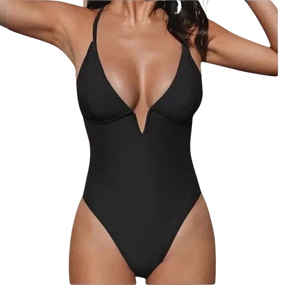 CUPSHE Women One Piece Swimsuit S Black Plunge V Neck Crisscross Back High Cut